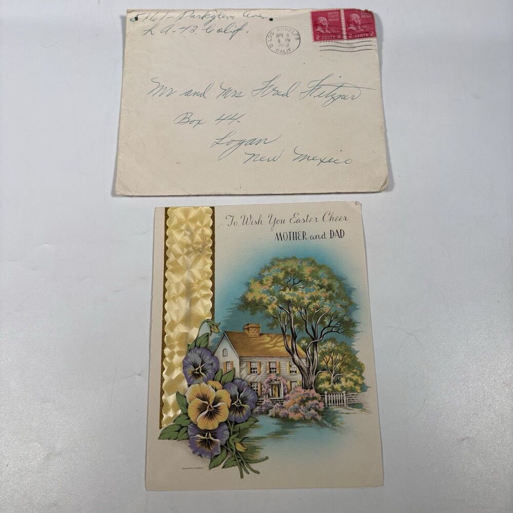 Vintage Easter Greeting Card Mother Dad Gold Foil Embossed House Pansies 1952